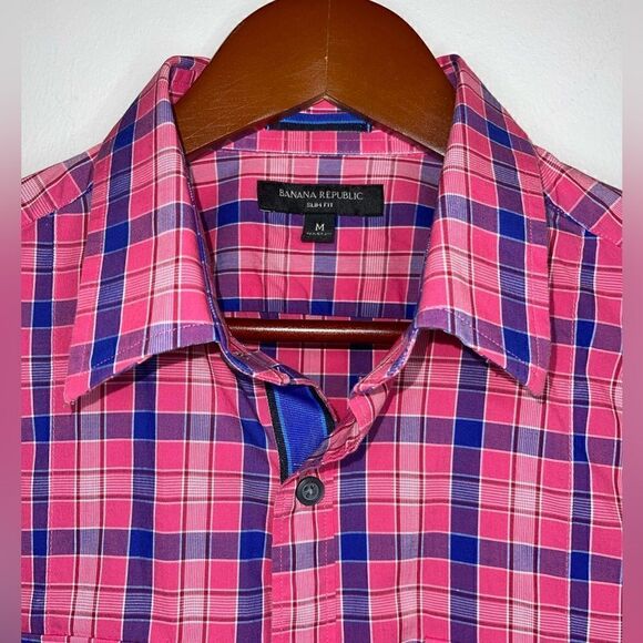 Banana Republic Men's Button Down Slim Fit Pink Plaid Long Sleeve Shirt Size M - Picture 9 of 9